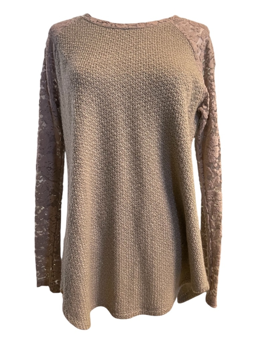 EUC Mystree khaki knit sweater with sheer lace sleeves | size L